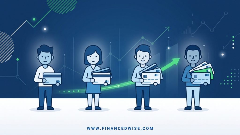 Four people holding different numbers of credit cards, showing how many cards fit each financial situation