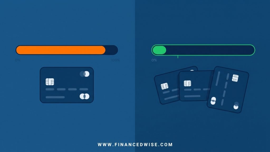 Comparison of high utilization on one credit card versus low utilization spread across three cards