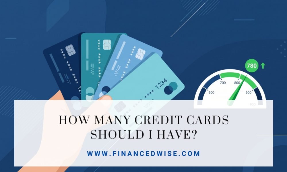 Hand holding a fan of credit cards next to a rising credit score gauge, illustrating how many credit cards you should have