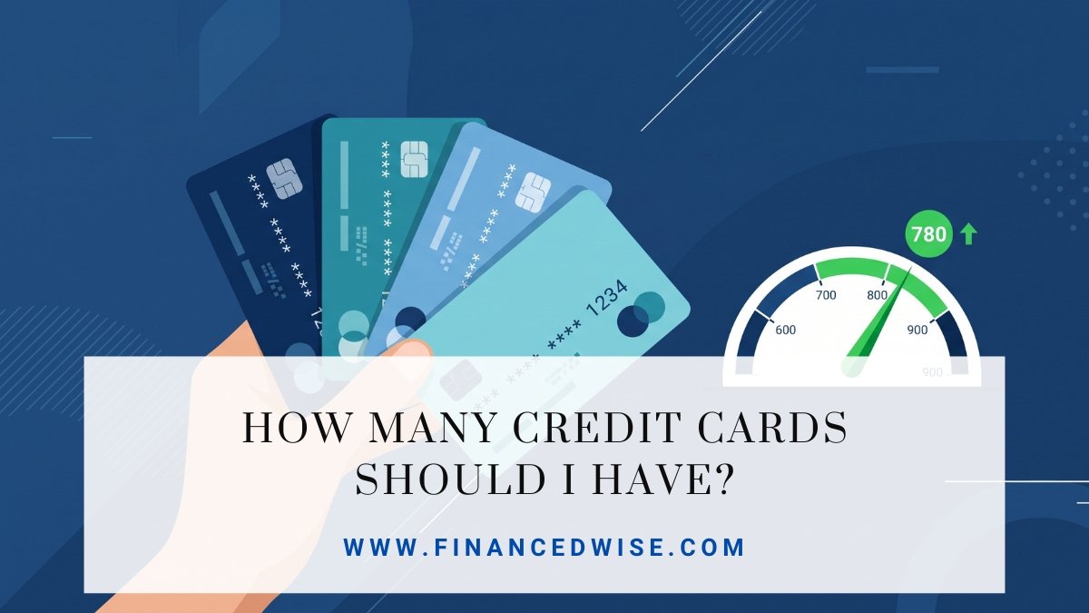 Hand holding a fan of credit cards next to a rising credit score gauge, illustrating how many credit cards you should have