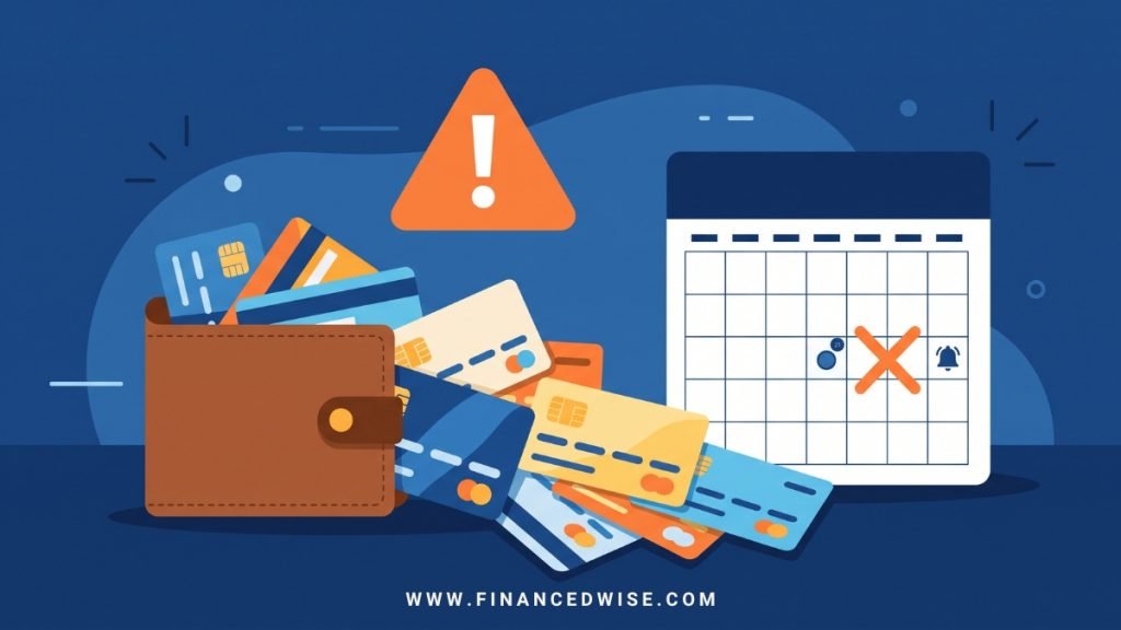 Overflowing wallet with a warning sign and missed payment calendar, showing signs of having too many credit cards