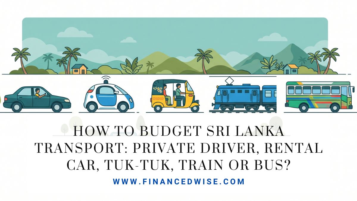 Train, tuk-tuk, car and bus on a scenic Sri Lanka hill country road